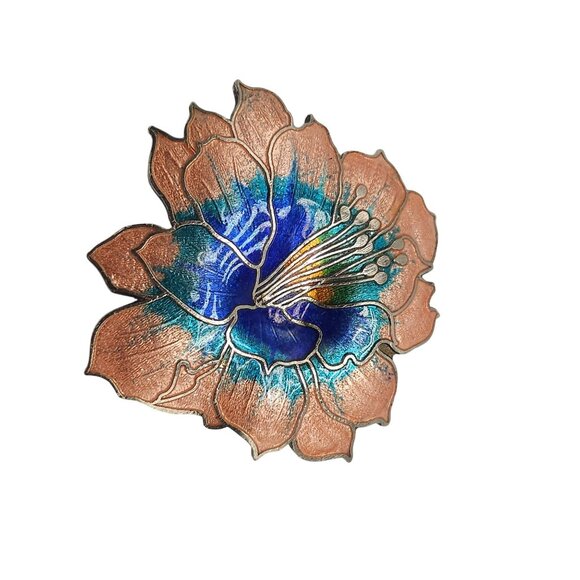 Vintage Hibiscus Flower Cloisonne Cloisonné Enamel Peach Blue Green Brooch Pin - Picture 1 of 4